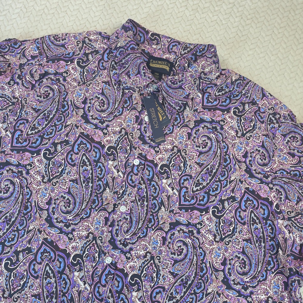 Cremieux Premium Denim Mens 3XB Purple Paisley Short Sleeve Stretch Shirt NEW